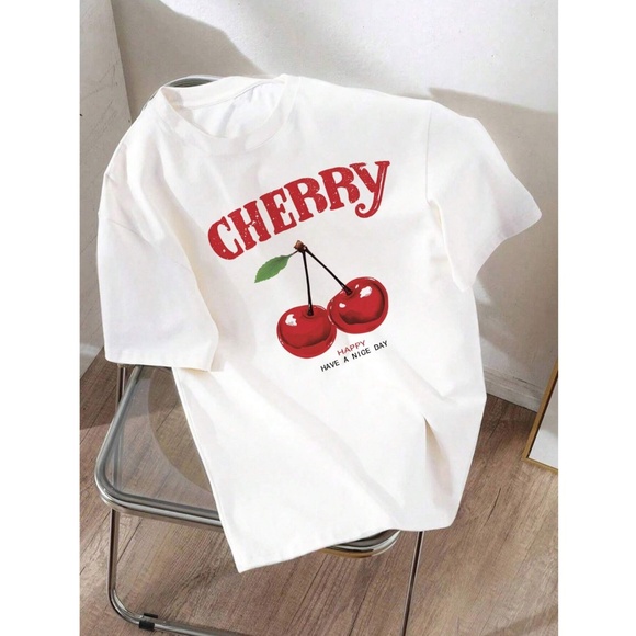 Cotton Blend Cherry Print White Crewneck Oversized Tee Shirt - Picture 2 of 7